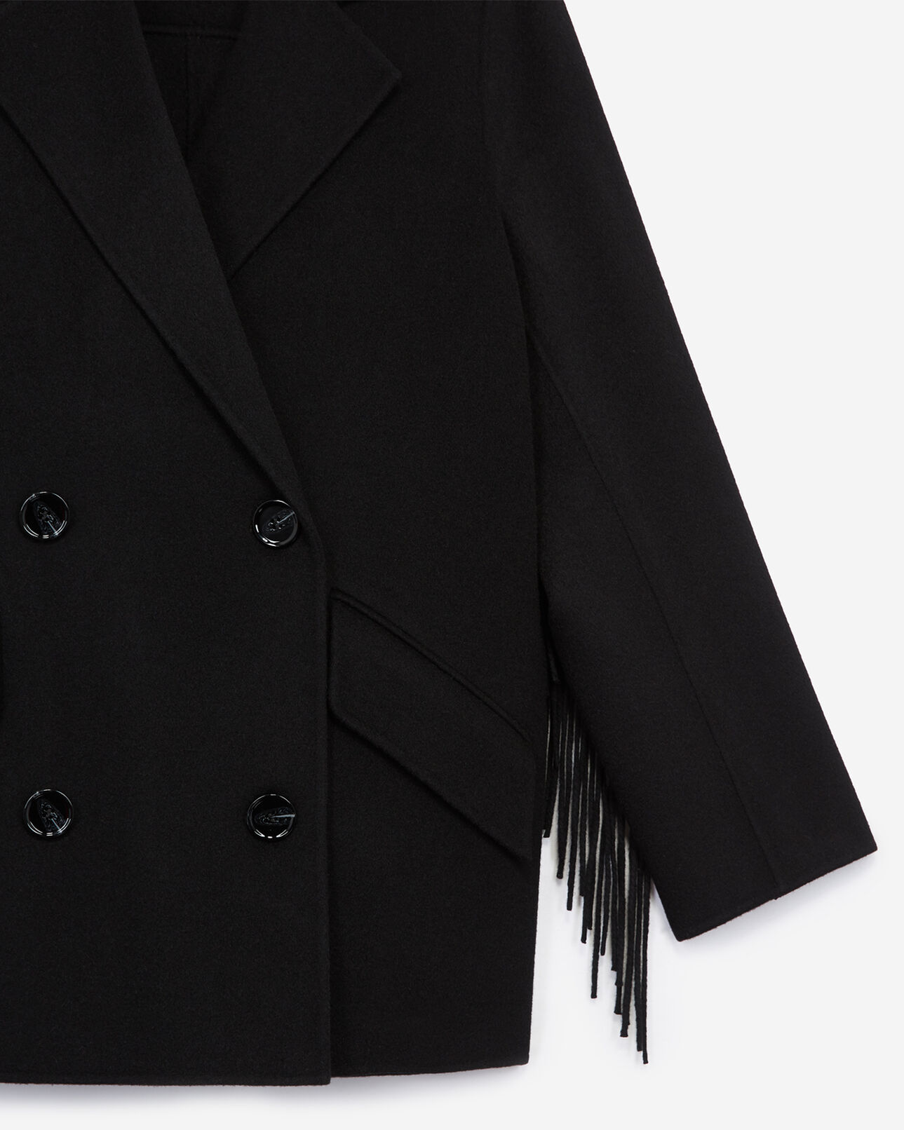The Kooples FEMME BLACK manteau laine noir court à franges