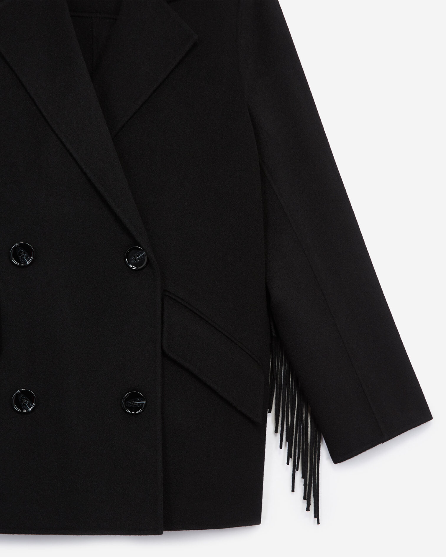 Manteau laine noir court à franges, BLACK, hi-res image number null