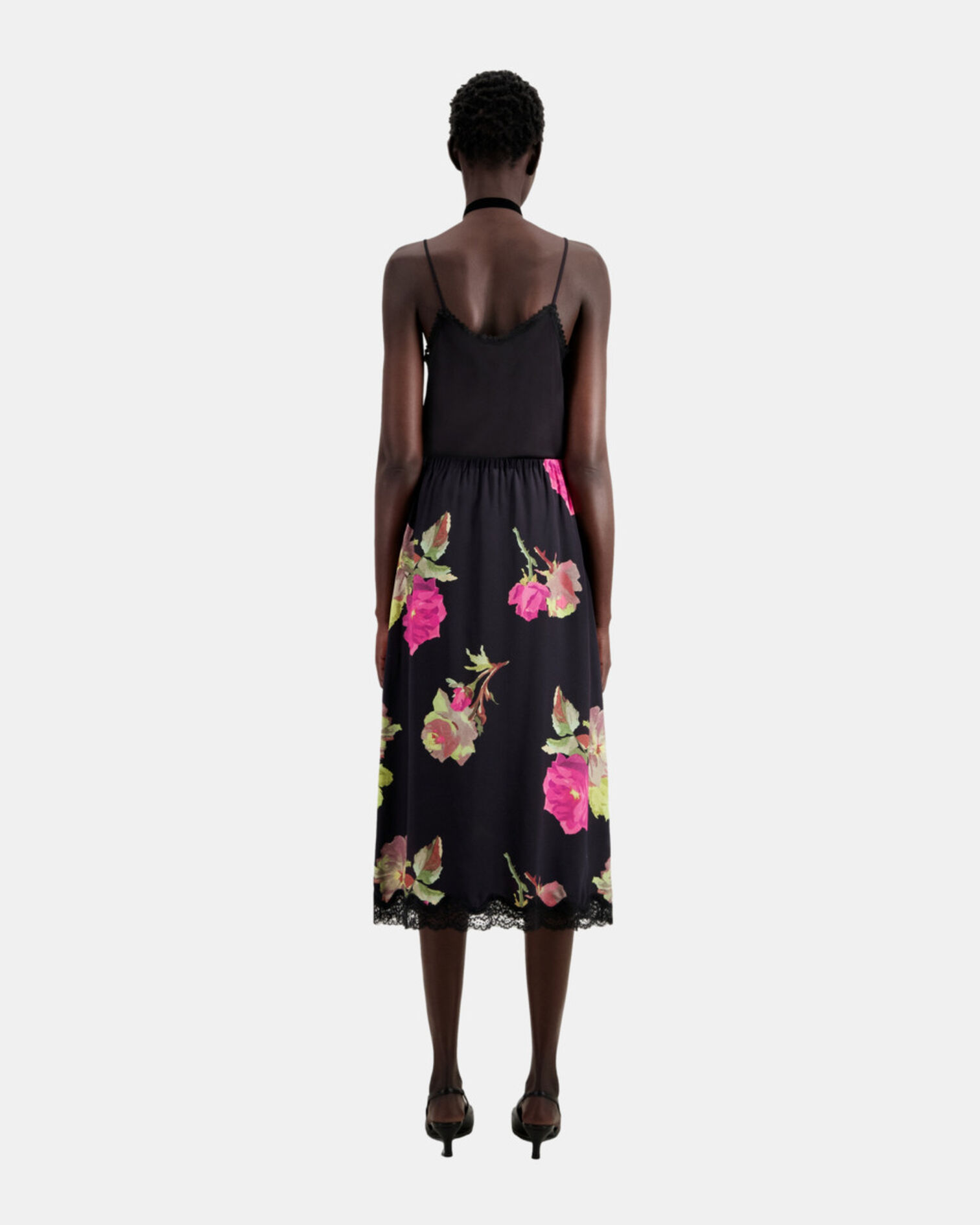 Long printed silk skirt with lace, PINK BLACK, hi-res image number null