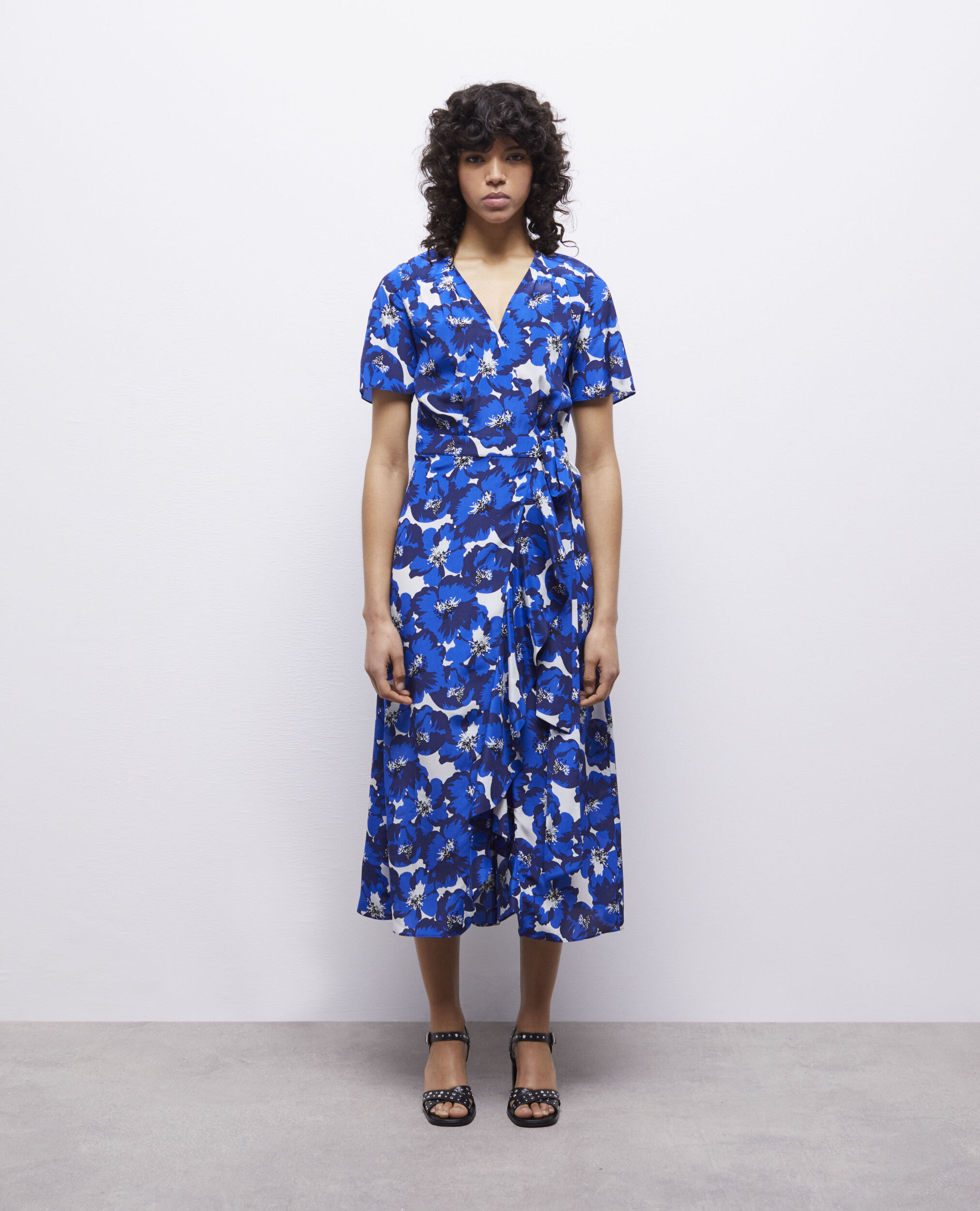Vestido cruzado largo estampado seda, BLUE, hi-res image number null