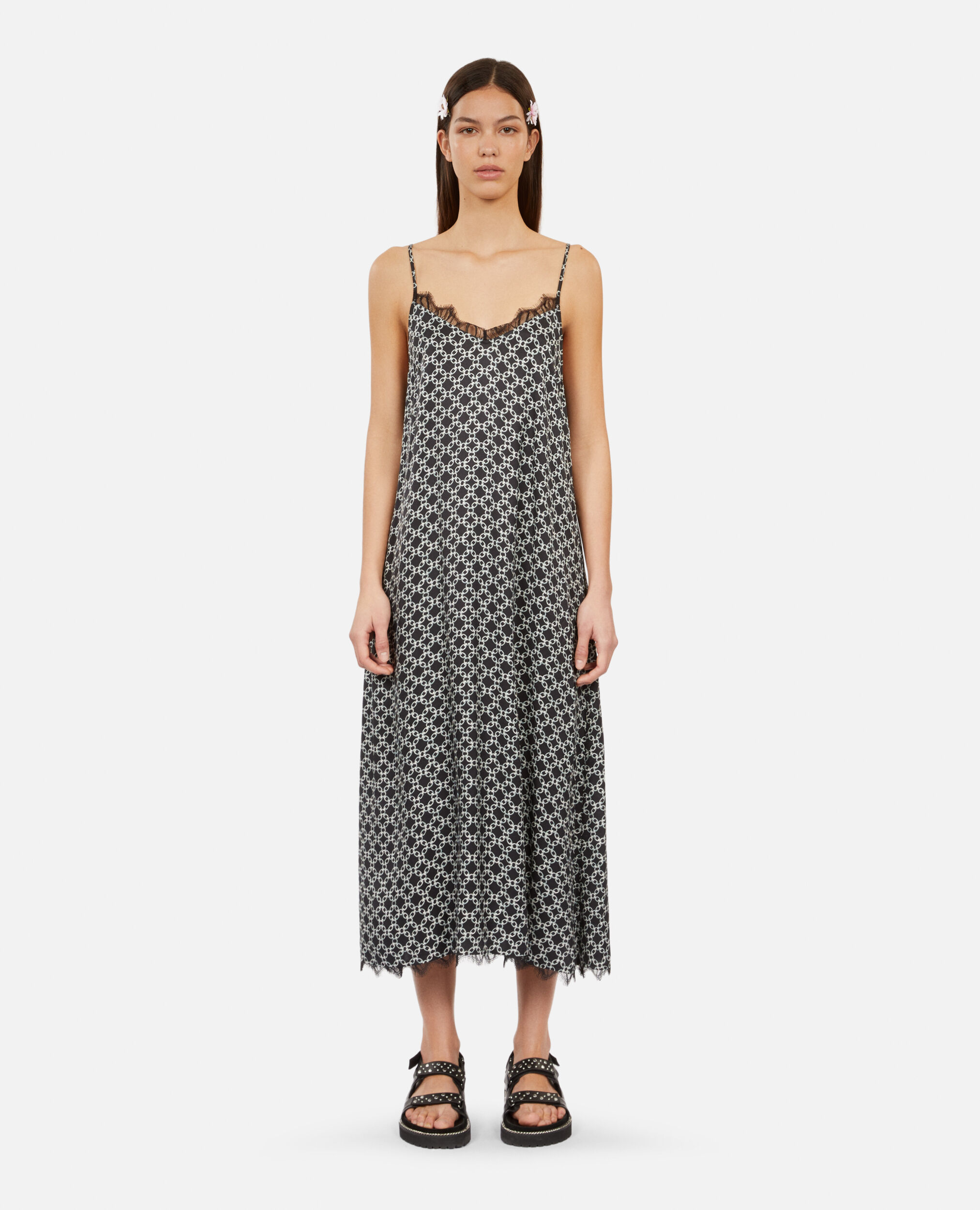 Long printed slip dress, BLACK WHITE, hi-res image number null
