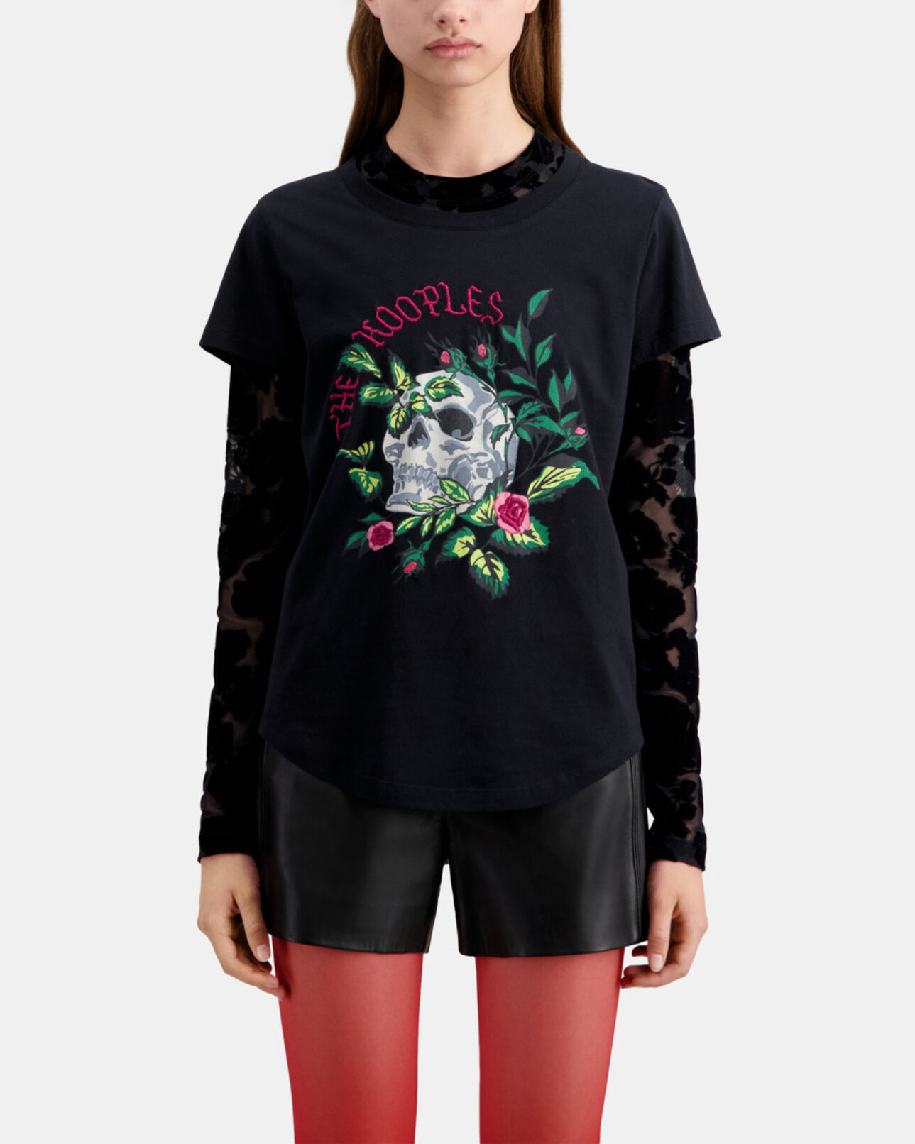 The Kooples WOMEN BLACK women's black t-shirt with skull - roses serigraphy