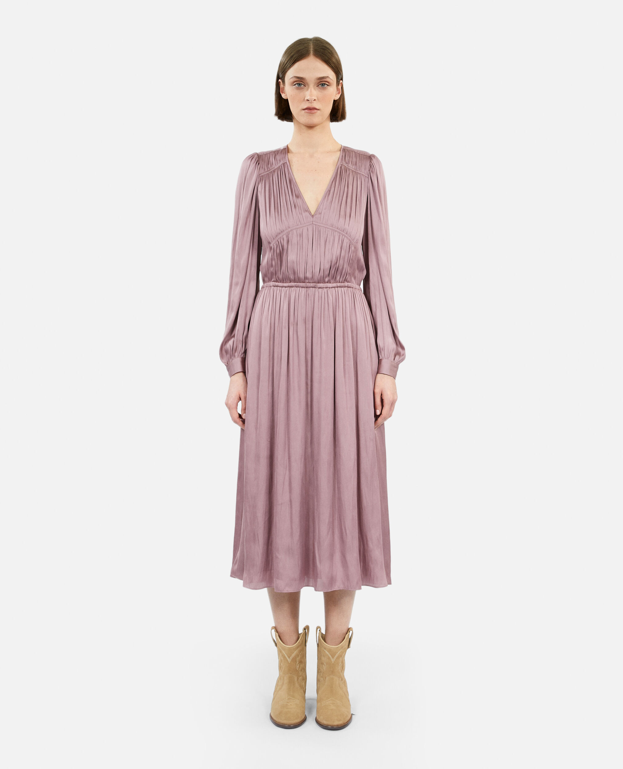 Langes, malvenfarbenes Kleid mit Print, DARK PURPLE, hi-res image number null