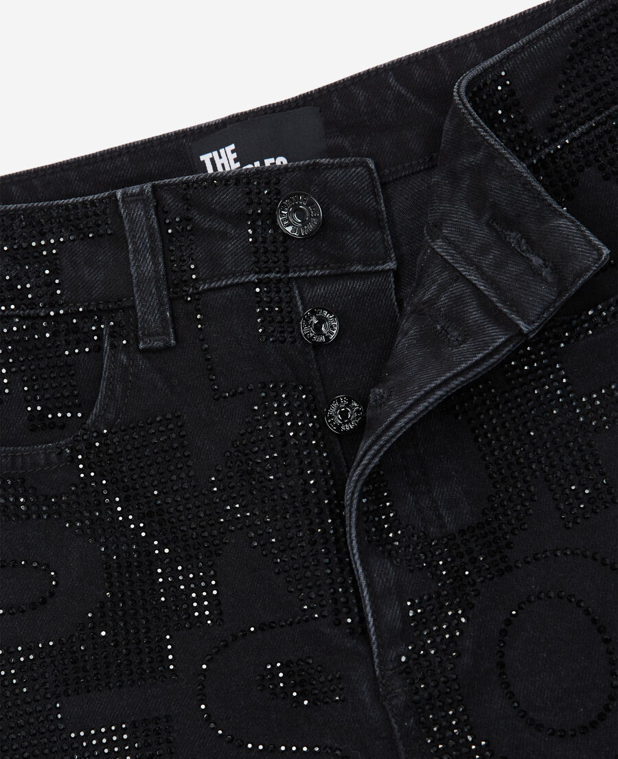logo black slim-fit jeans with rhinestones