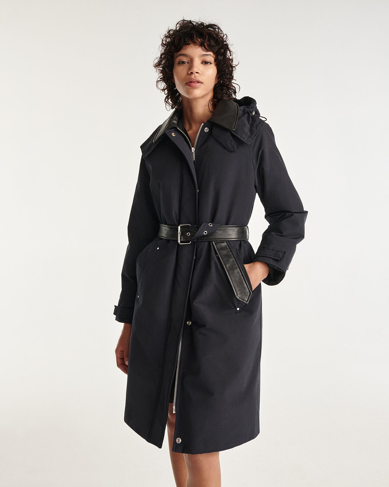 The Kooples WOMEN NAVY navy blue parka with leather details and belt