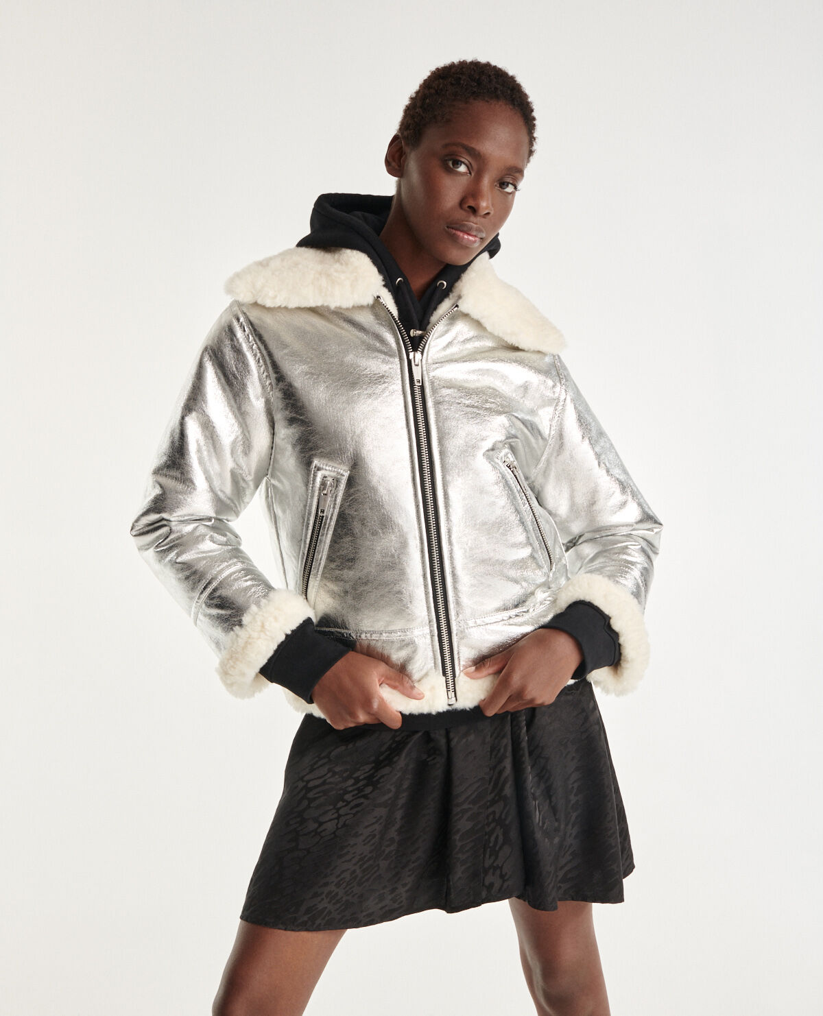 Silver faux fur bomber jacket The Kooples
