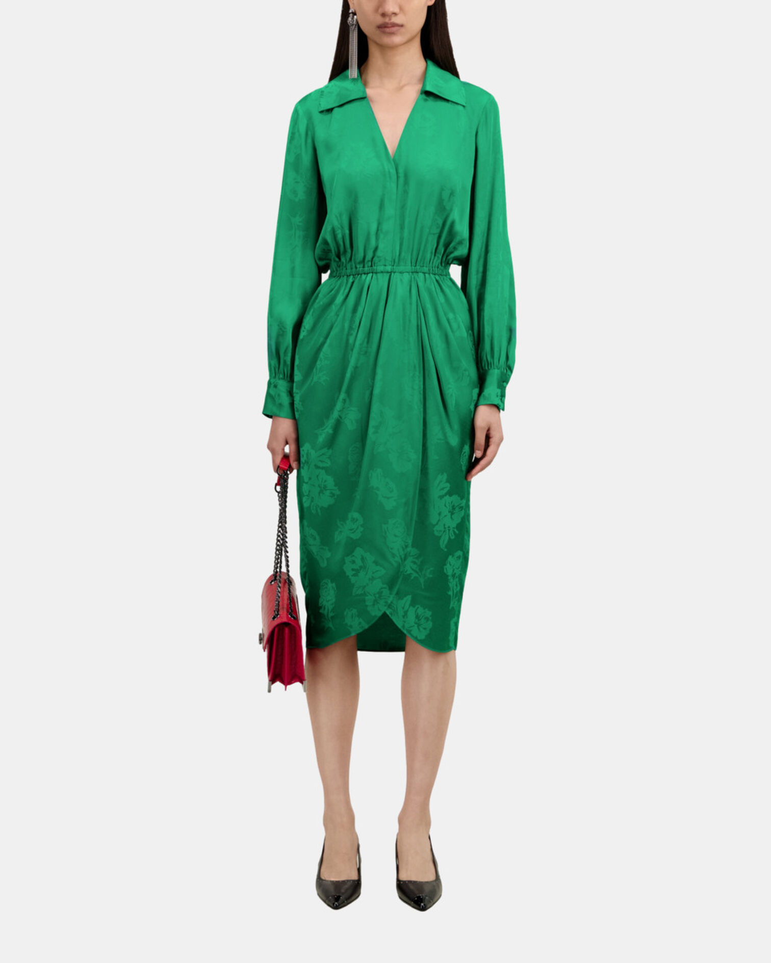 Mid-length green dress with flowers, GREEN, hi-res image number null
