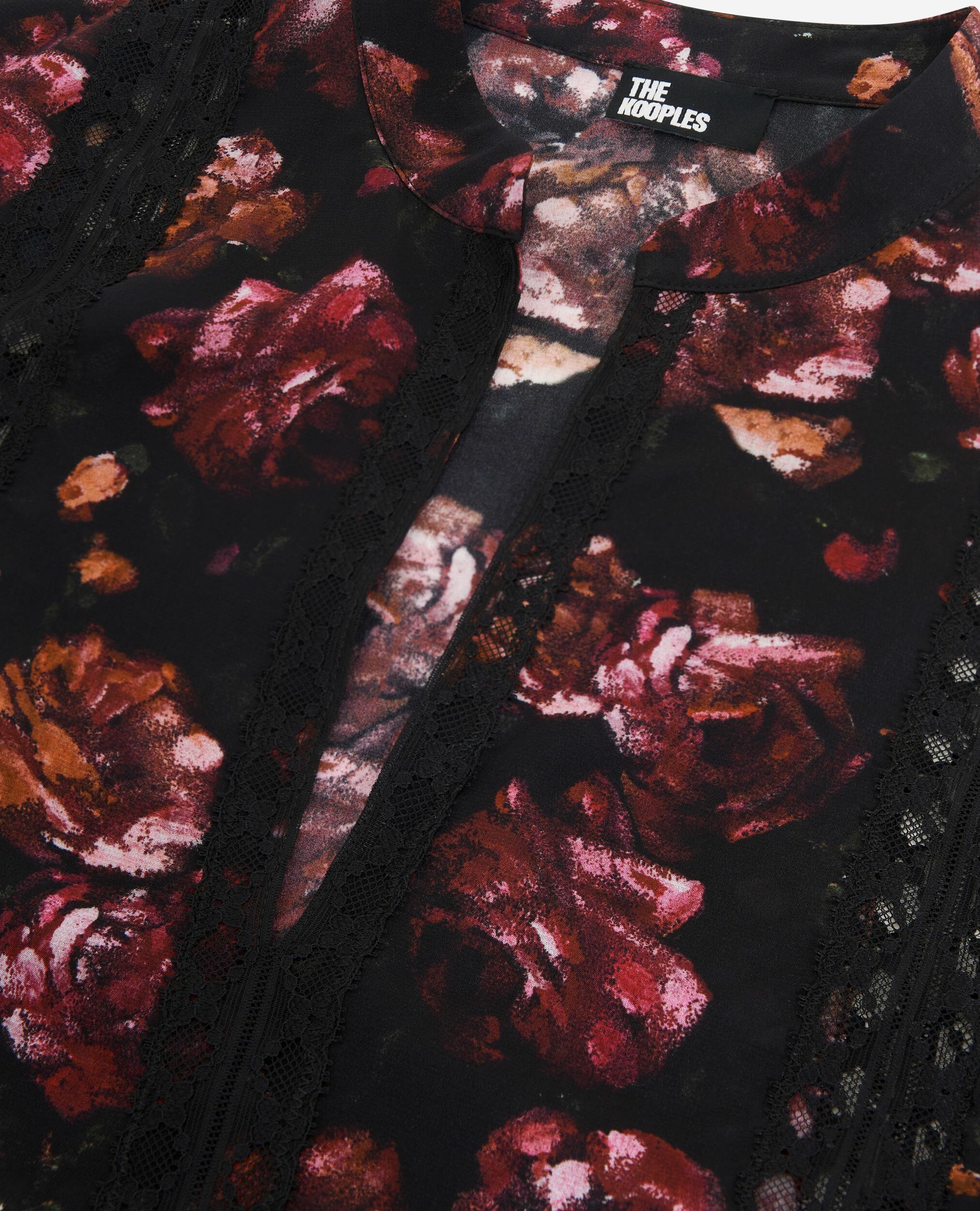Blouse imprimé fleuris en soie mélangée bordeaux, BLACK - RED, hi-res image number null