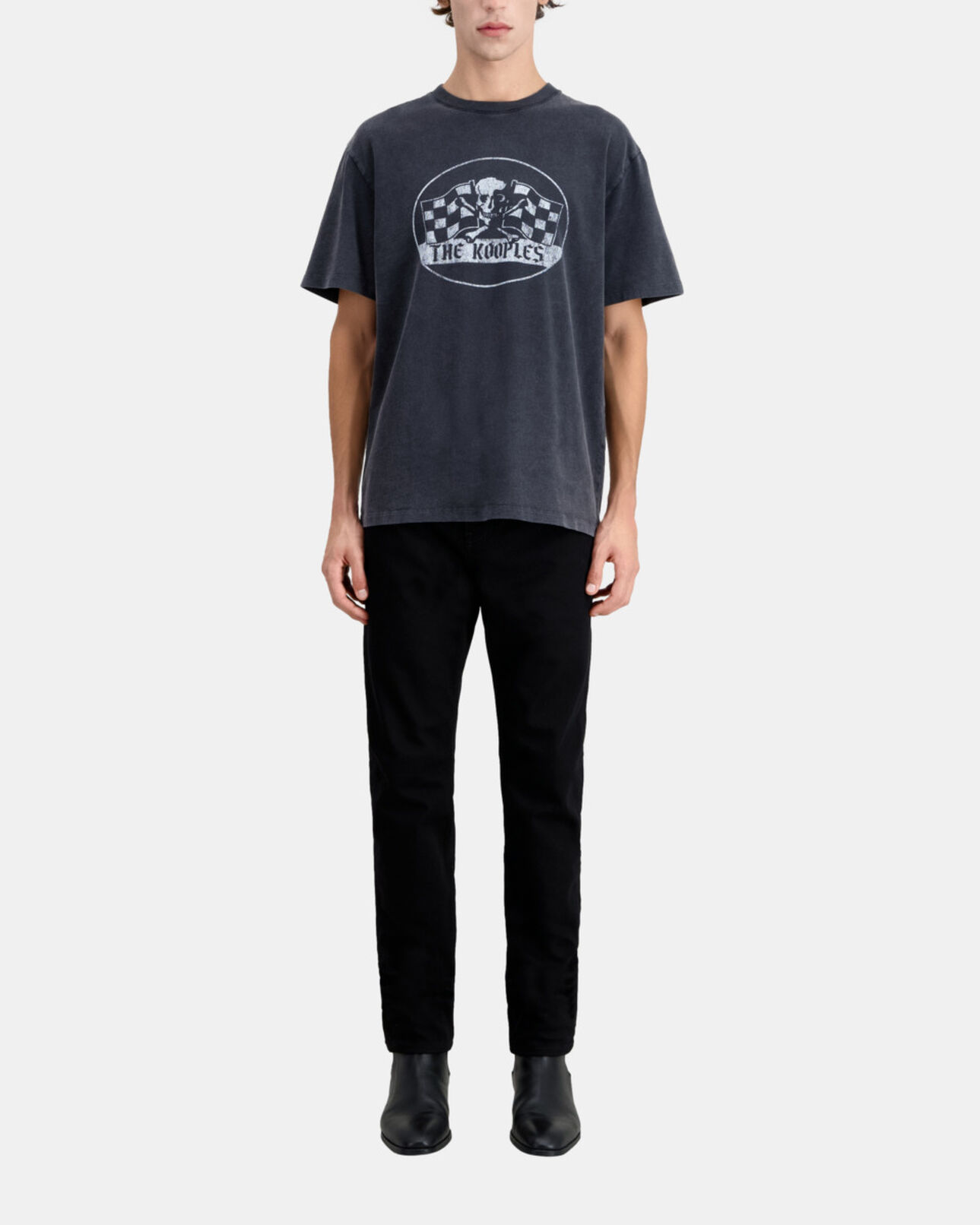 The Kooples HERREN BLACK WASHED schwarzes t-shirt herren mit racing-skull-siebdruck
