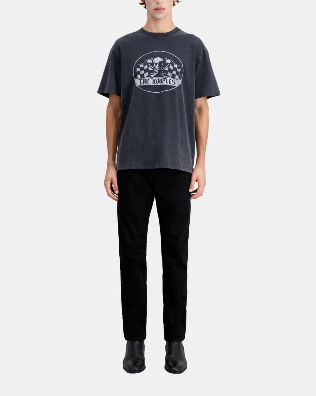 The Kooples HERREN BLACK WASHED schwarzes t-shirt herren mit racing-skull-siebdruck