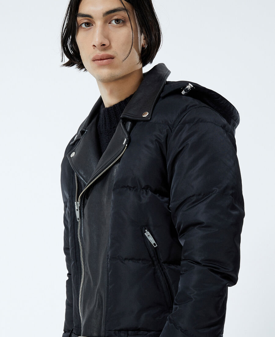 quilted black down jacket with leather detail