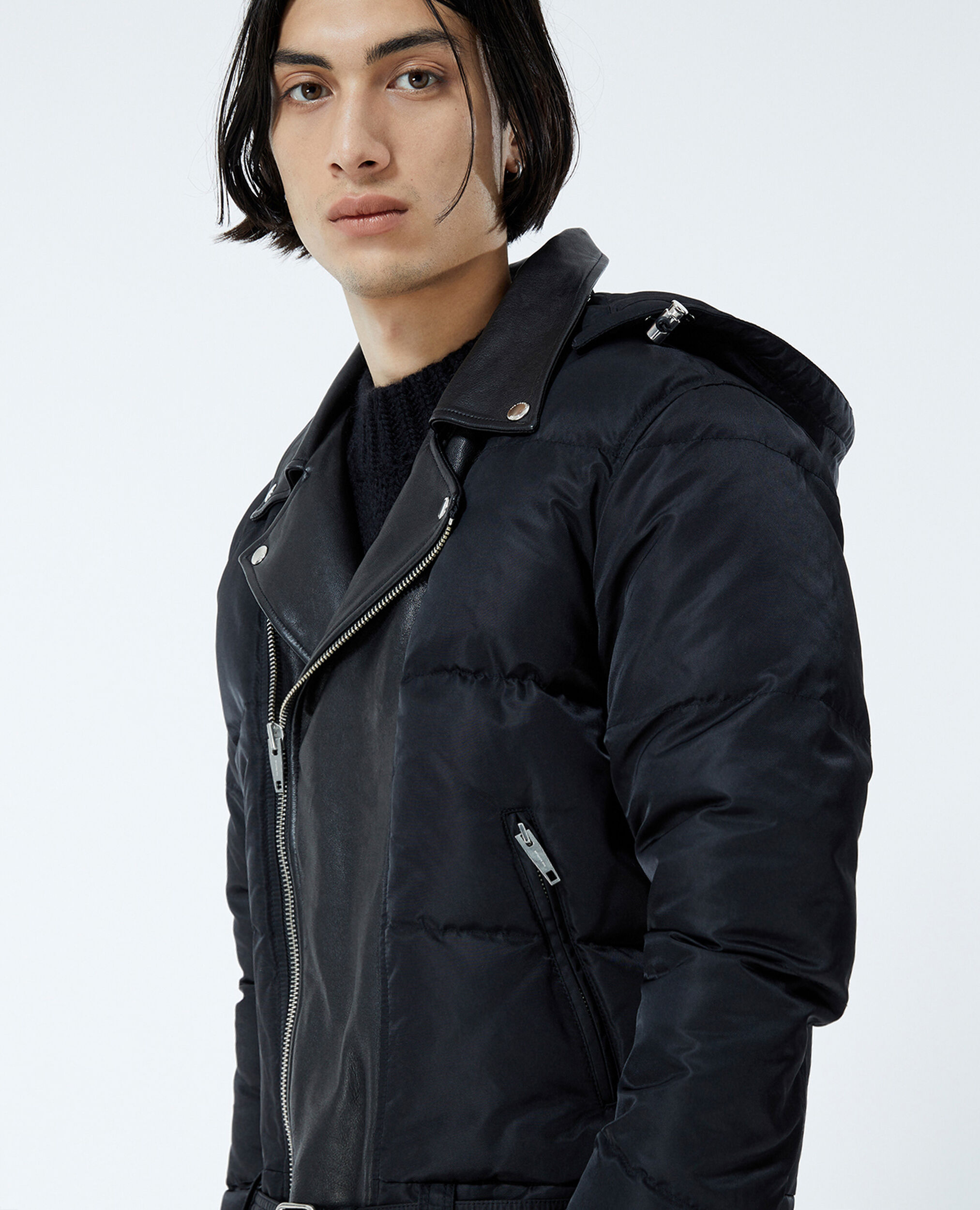 Quilted black down jacket with leather detail, BLACK, hi-res image number null