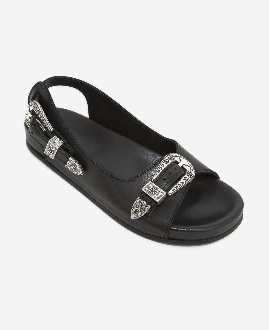 flat black leather sandals with western details