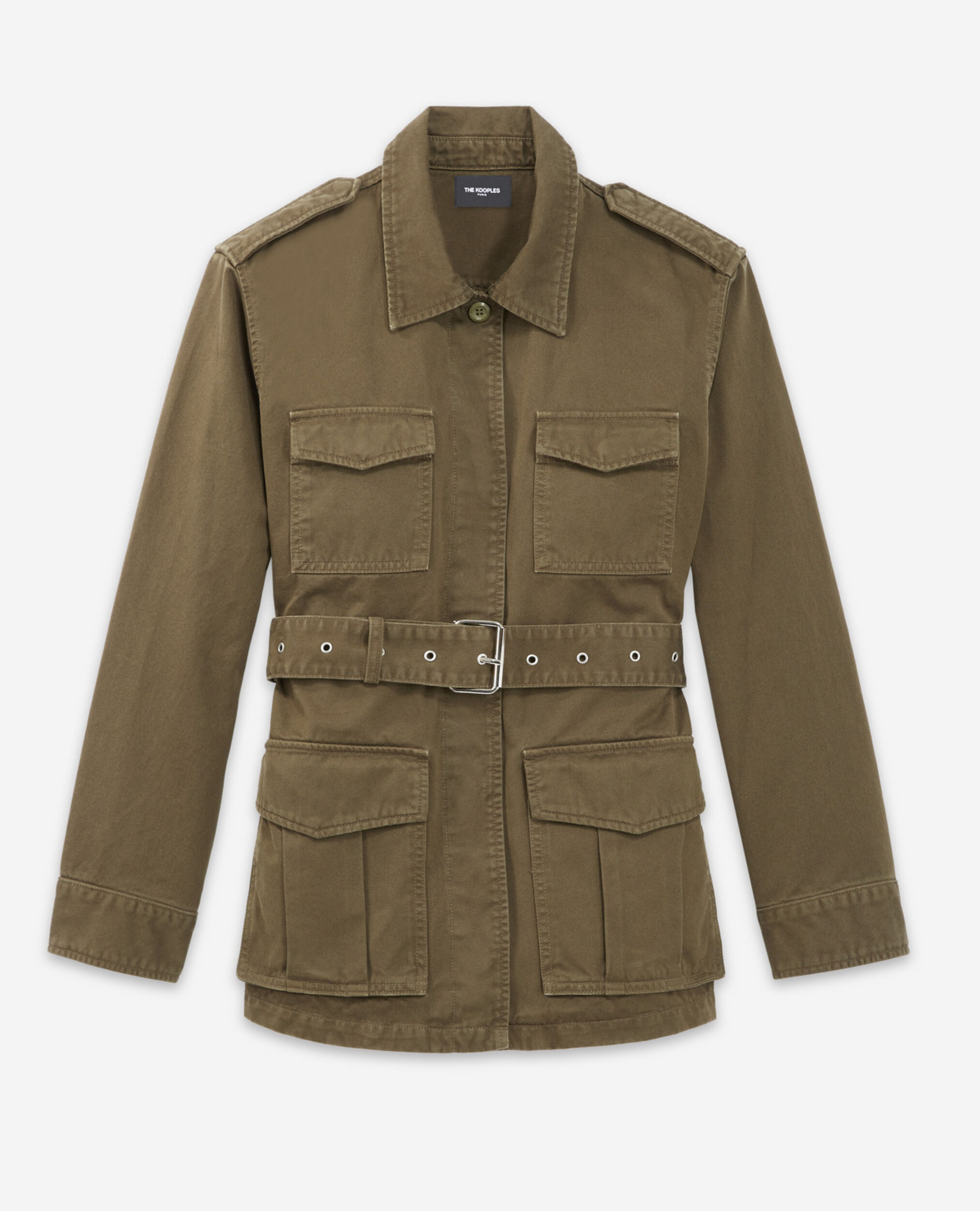 Khaki denim jacket with belt, KAKI, hi-res image number null
