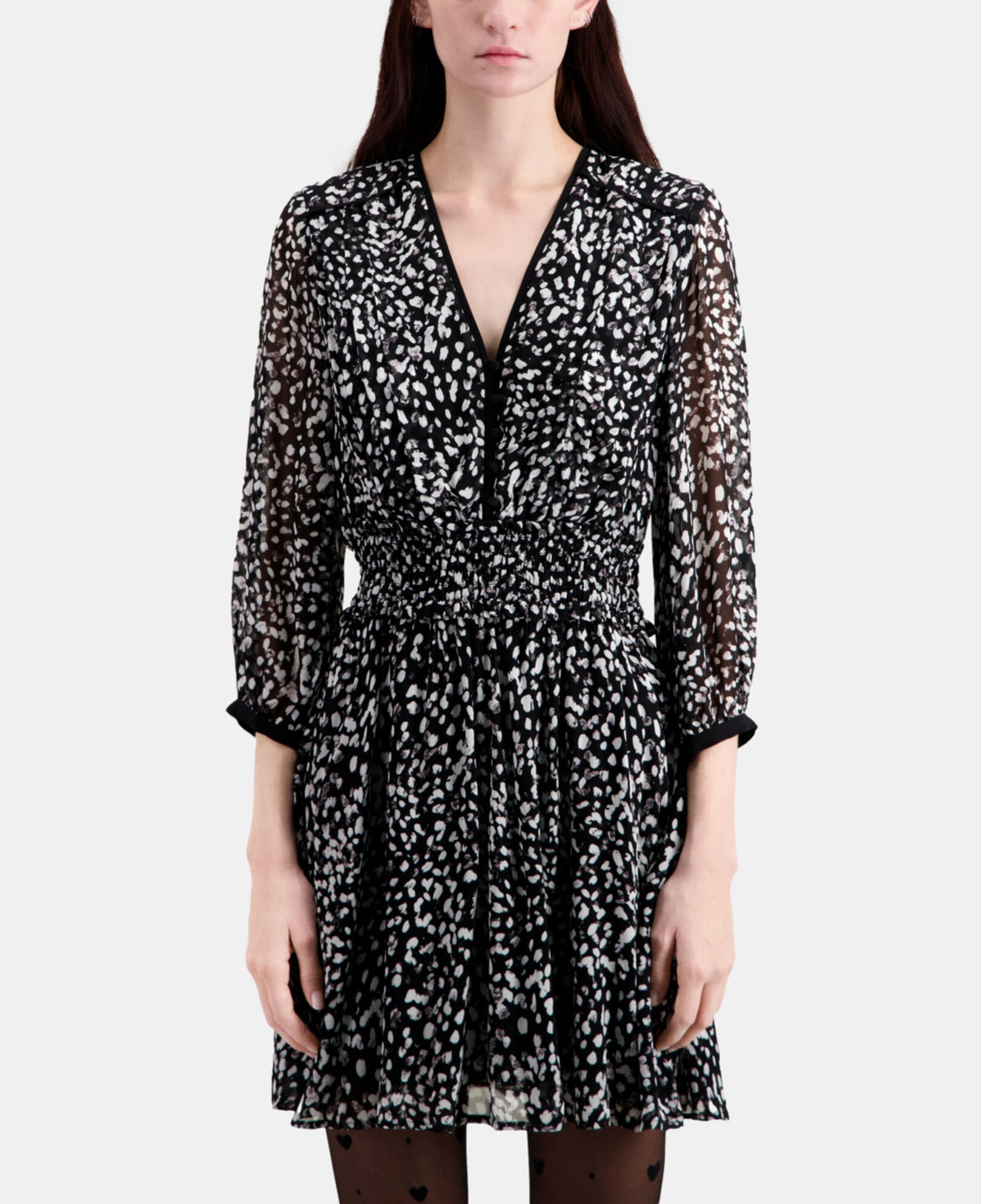 The Kooples WOMEN BLACK WHITE short printed dress with smocking