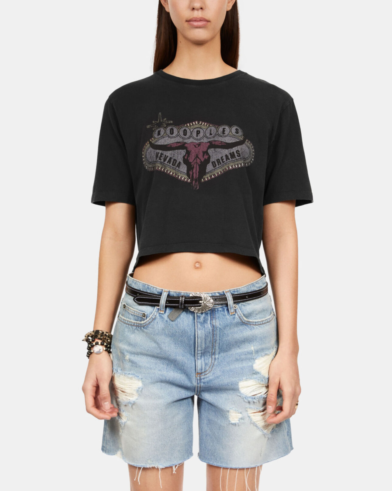 The Kooples WOMEN BLACK WASHED black t-shirt with nevada dreams serigraphy