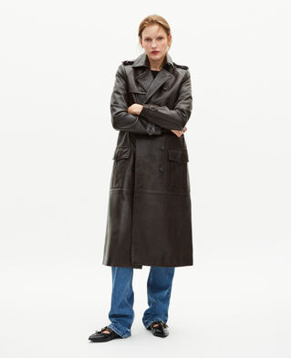 The Kooples F DARK BROWN MELANGE long brown leather trench coat