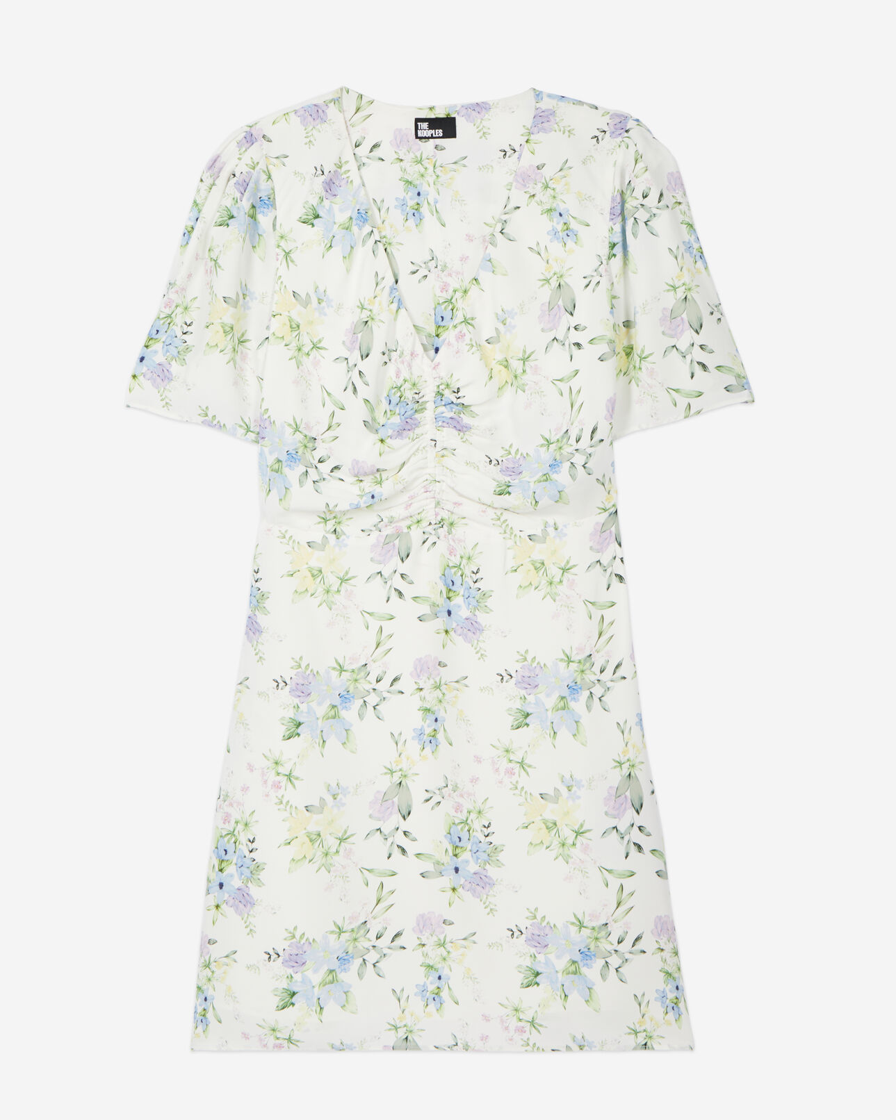 The Kooples WOMEN LIGHT BLUE/WHITE white floral short sleeve short dress with shirring