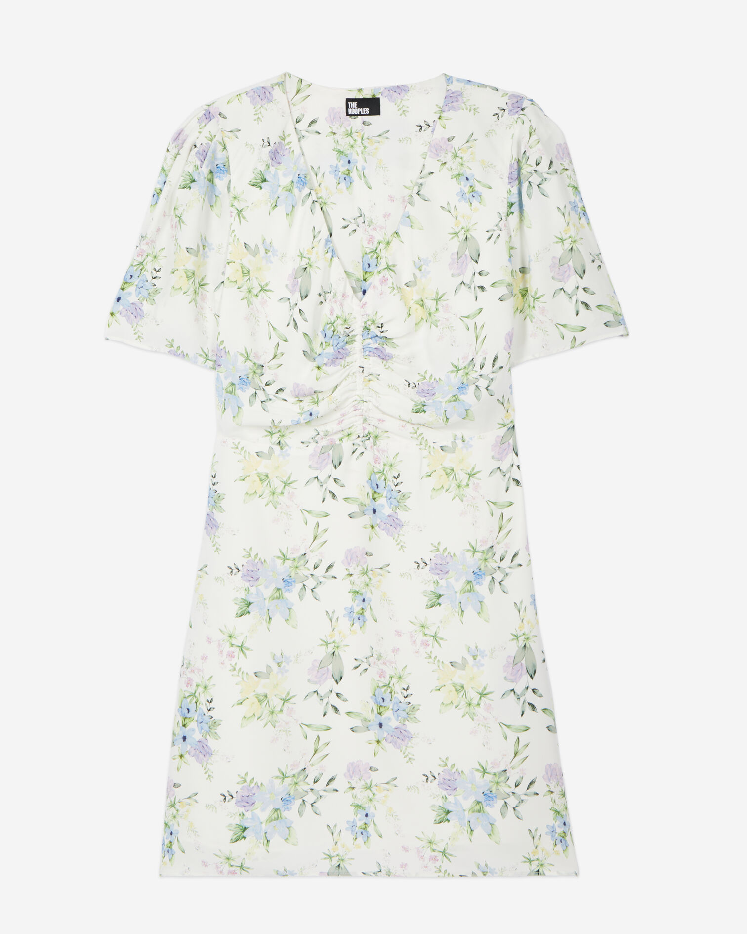White floral short sleeve short dress with shirring, LIGHT BLUE/WHITE, hi-res image number null