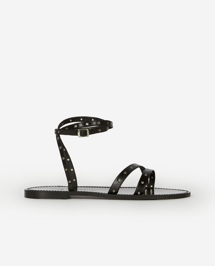 The Kooples F BLACK black leather flat sandals with eyelets