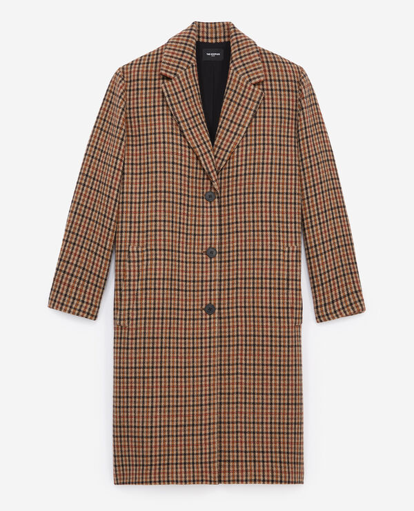 straight-cut check camel printed coat in wool
