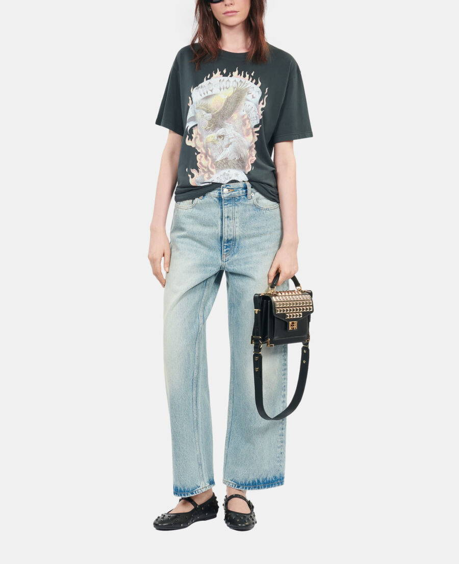 The Kooples DAMEN BLACK WASHED schwarzes t-shirt &bdquo;eagles on fire&ldquo;