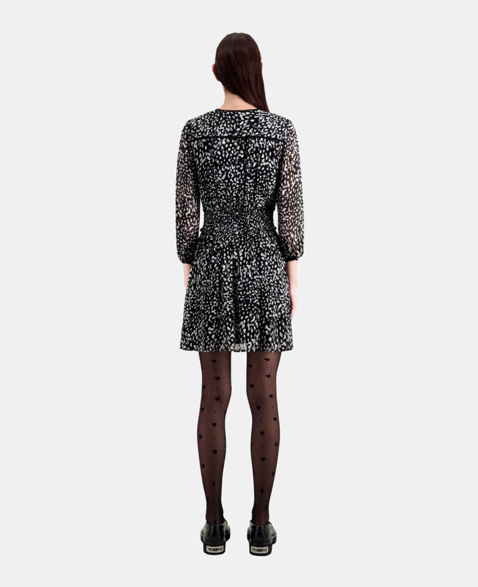 The Kooples WOMEN BLACK WHITE short printed dress with smocking