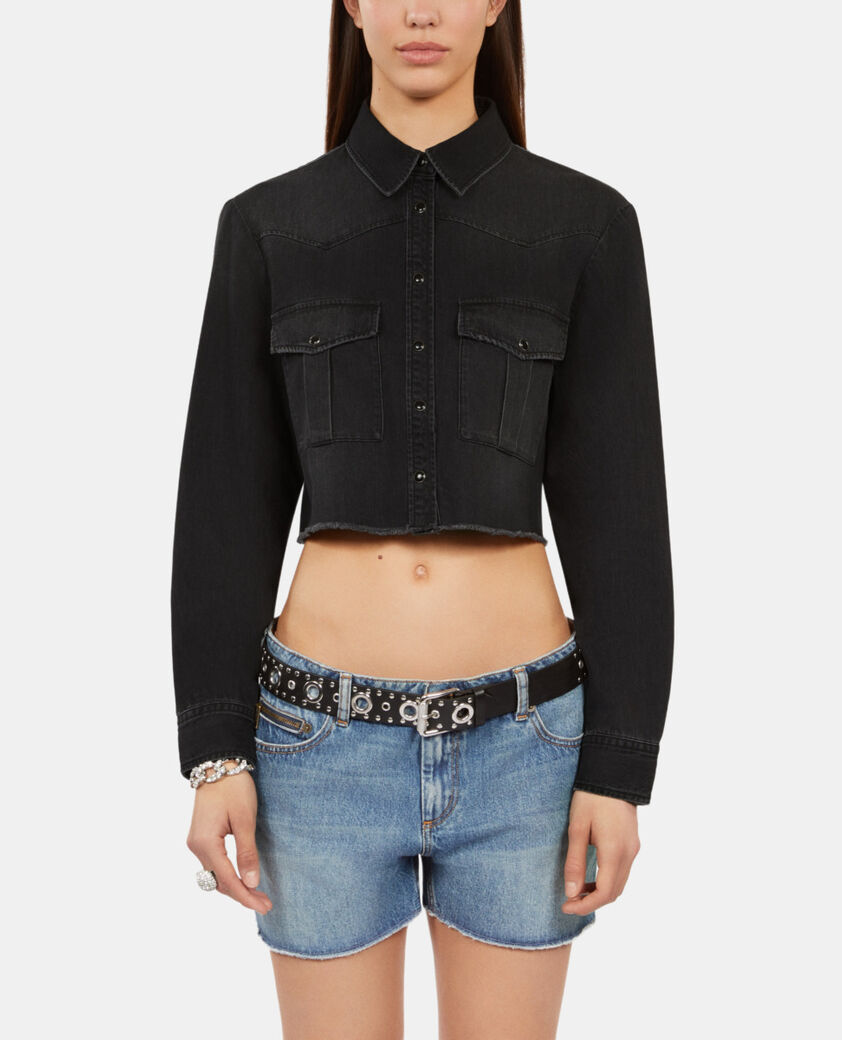 The Kooples FEMME BLACK WASHED chemise courte en denim gris