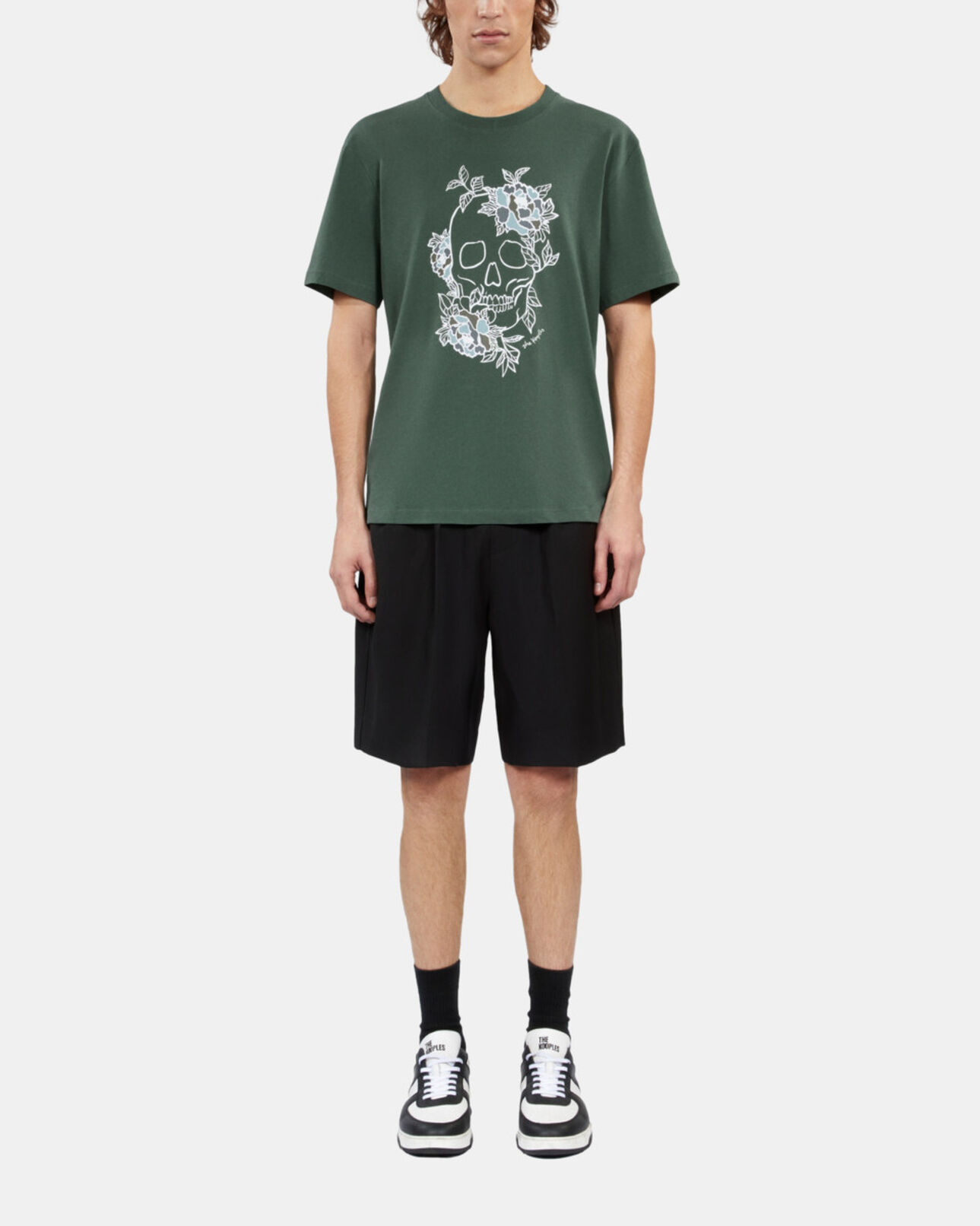 The Kooples MEN FOREST men's green t-shirt with flower skull serigraphy