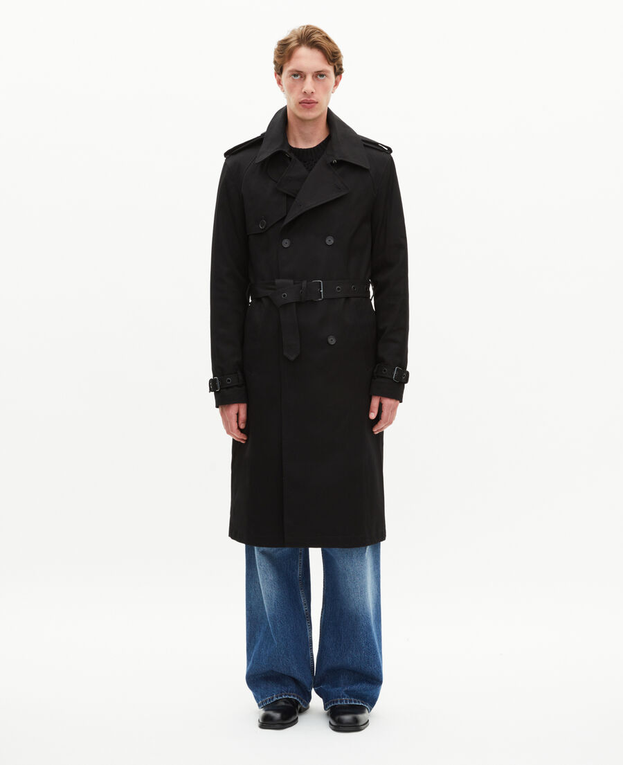 The Kooples HERREN BLACK gerade geschnittener schwarzer trenchcoat aus baumwolle