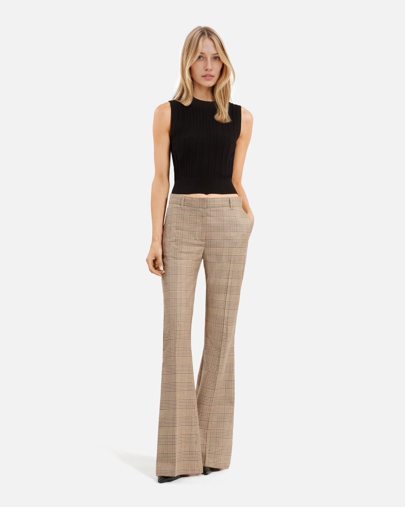 The Kooples DAMEN BEIGE-BROWN prince de galles schlaghose aus wolle