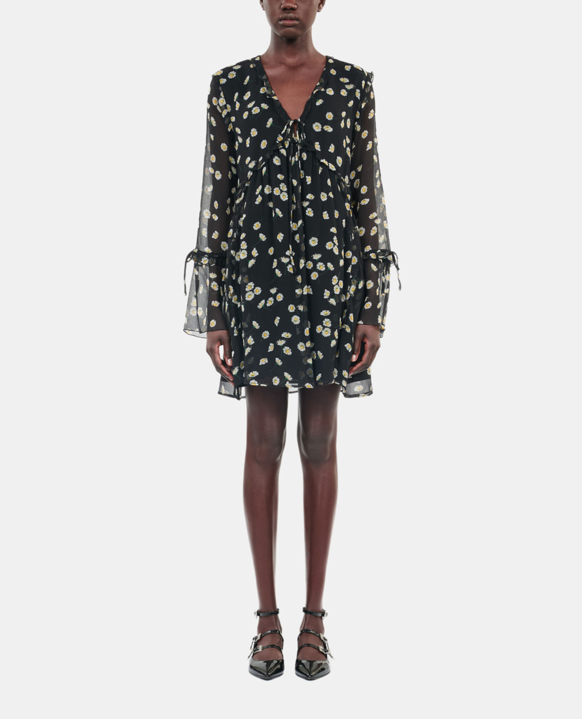 Floral printed silk short dress, BLACK WHITE, hi-res image number null
