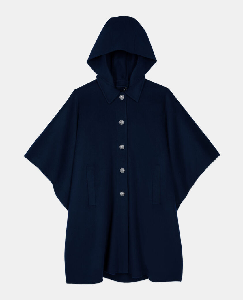The Kooples DAMEN NAVY langes, marineblaues wollcape mit kapuze
