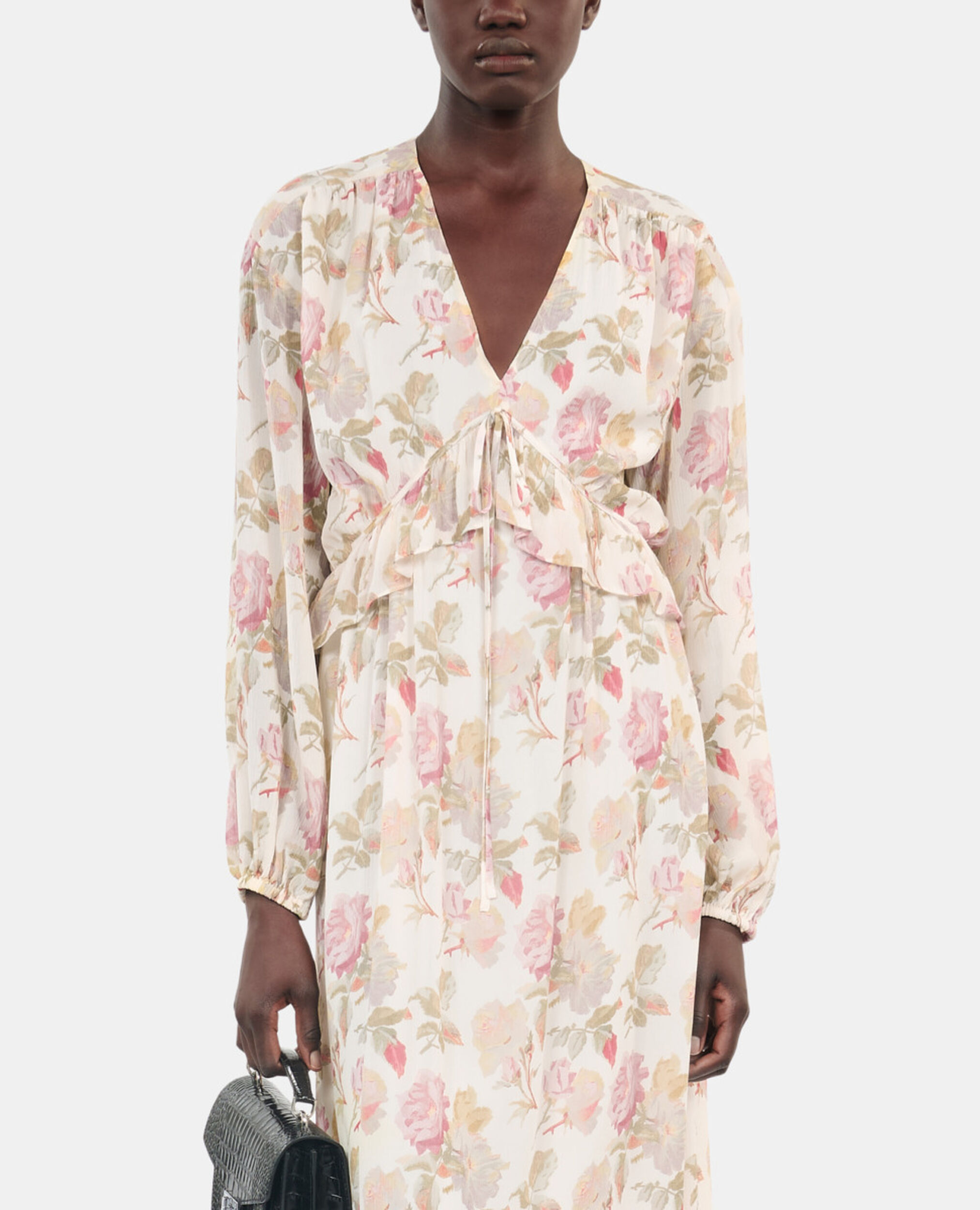 Long floral printed silk dress, BEIGE / RED, hi-res image number null