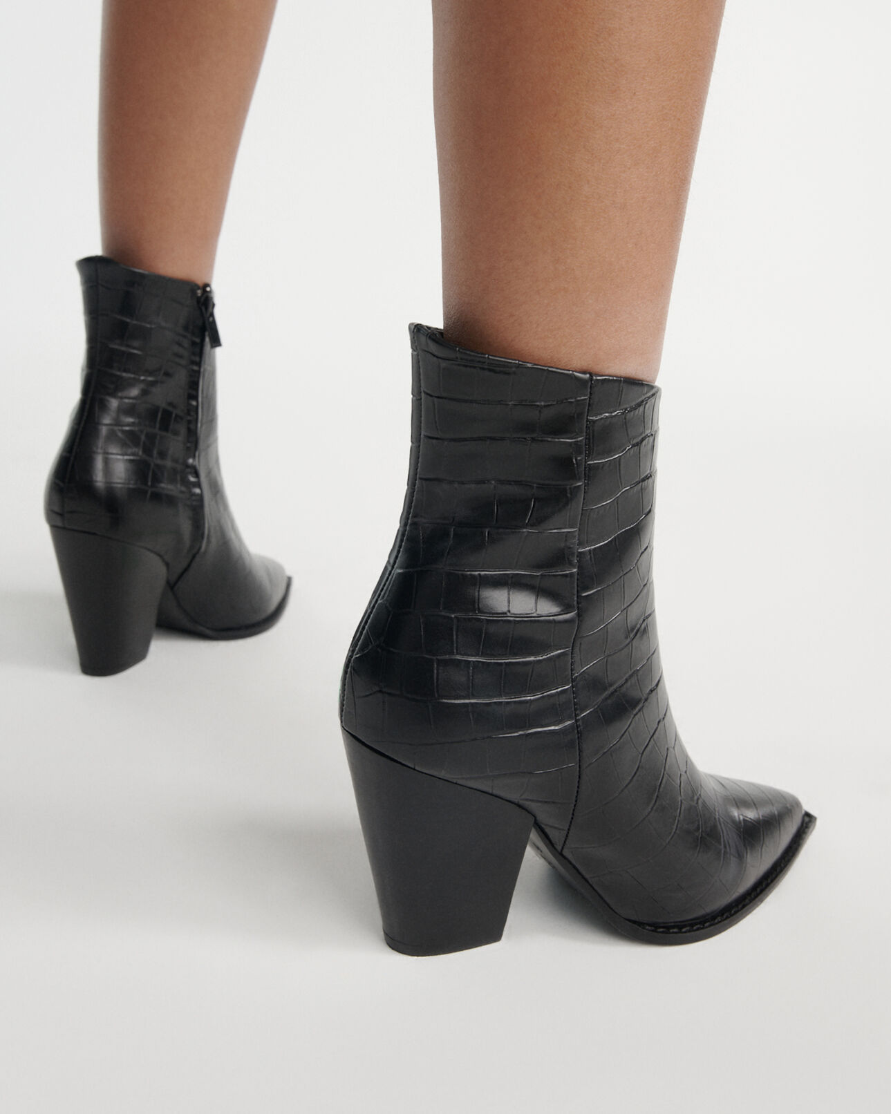 The Kooples FEMME BLACK bottines noires à talon cuir façon croco