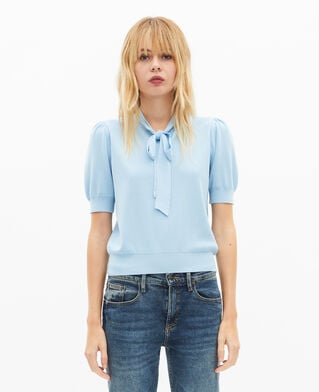 The Kooples FEMME LIGHT BLUE pull col lavalli&egrave;re en coton m&eacute;lang&eacute; bleu