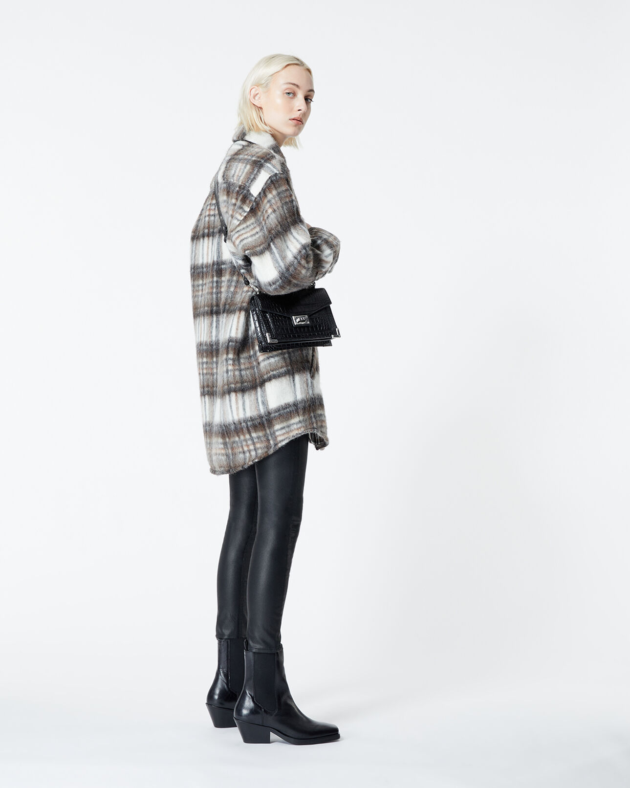 The Kooples WOMEN BROWN/WHITE oversized wool blend check shirt jacket with leather details