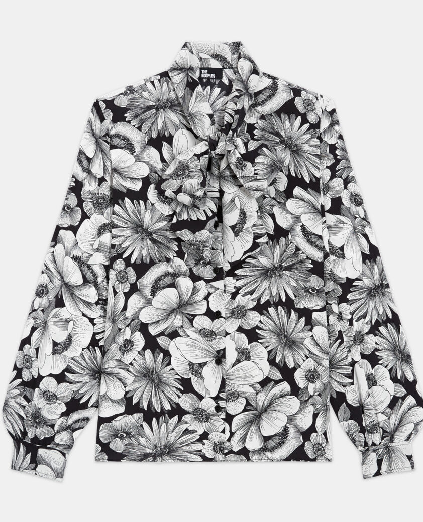 The Kooples F BLACK WHITE floral silk shirt pussy bow collar