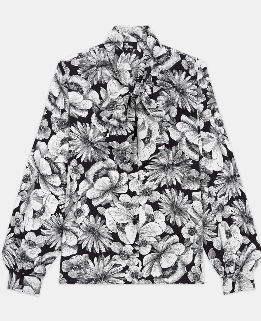 The Kooples F BLACK WHITE floral silk shirt pussy bow collar