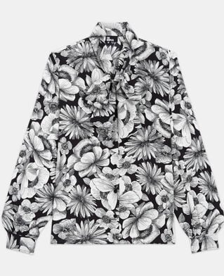 The Kooples F BLACK WHITE floral silk shirt pussy bow collar