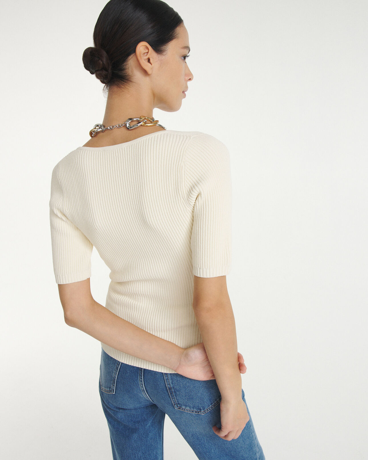 The Kooples FEMME ECRU pull maille fine écrue à encolure carrée