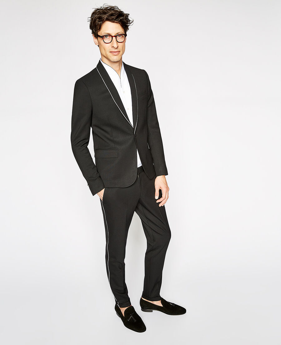 Black suit jacket with ecru piping