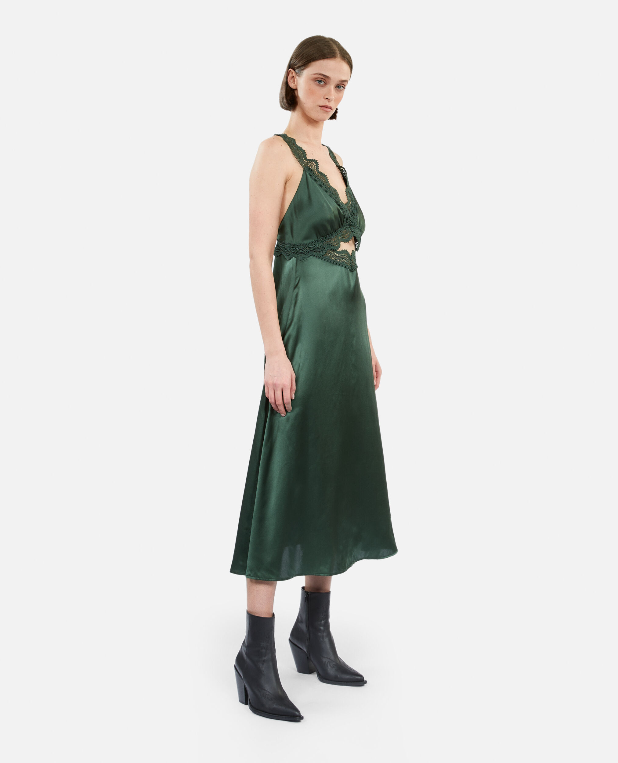 Long green slip dress with guipure, WOOD KAKI, hi-res image number null