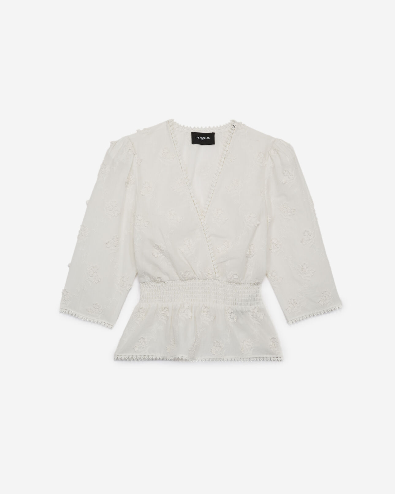 The Kooples FEMME ECRU top coton écru à smocks et fleurs relief