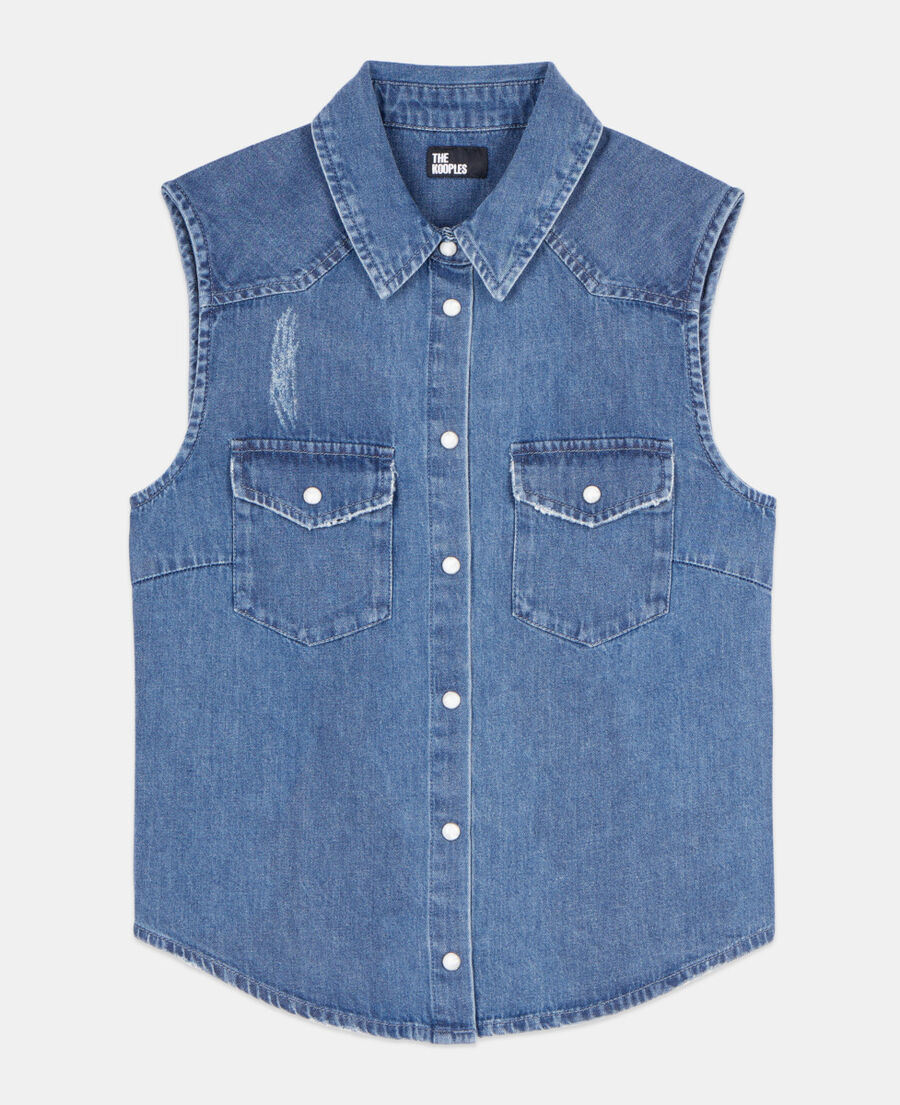 The Kooples FEMME USED RAPIECE chemise sans manches en denim bleu