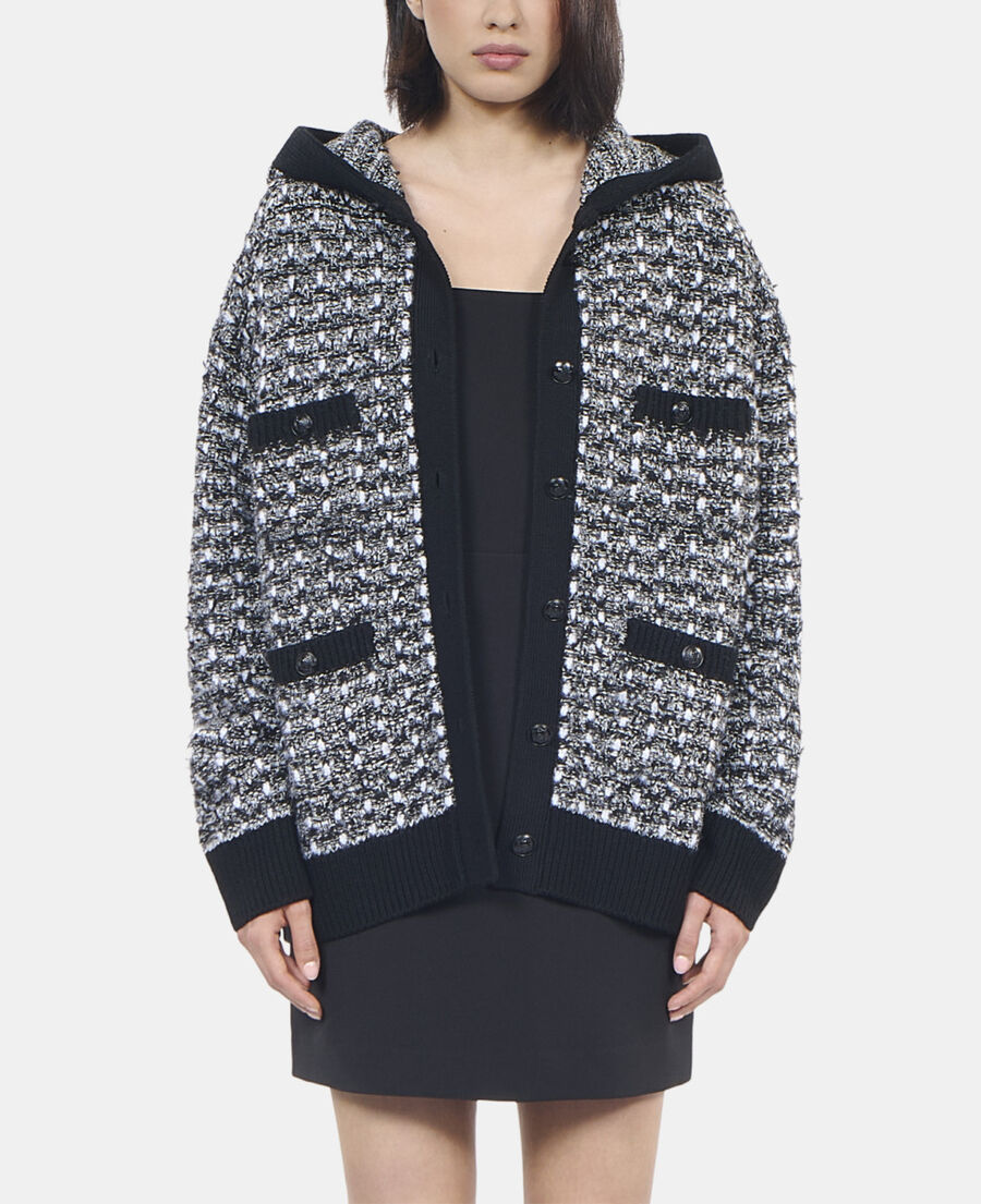 The Kooples DAMEN BLACK / WHITE schwarz-wei&szlig;er wollcardigan mit kapuze