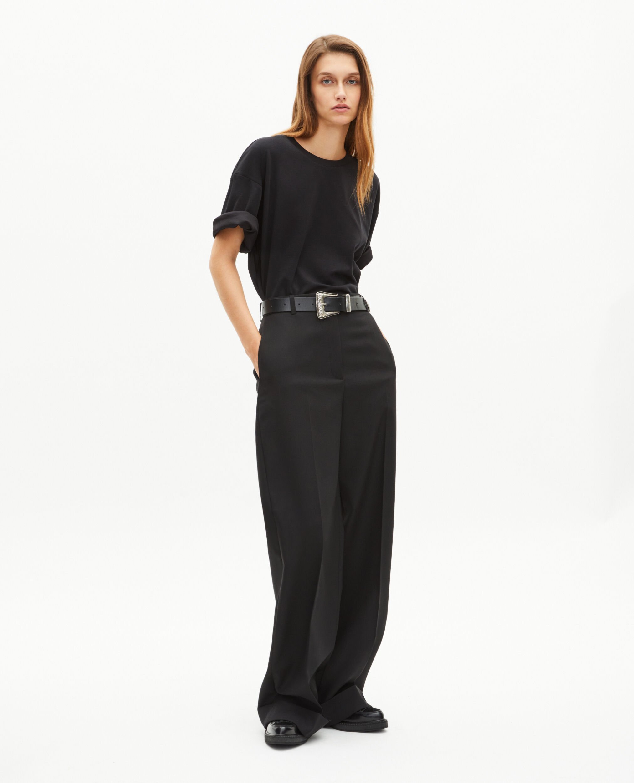 Wide-leg pants with black cuffs, BLACK, hi-res image number null