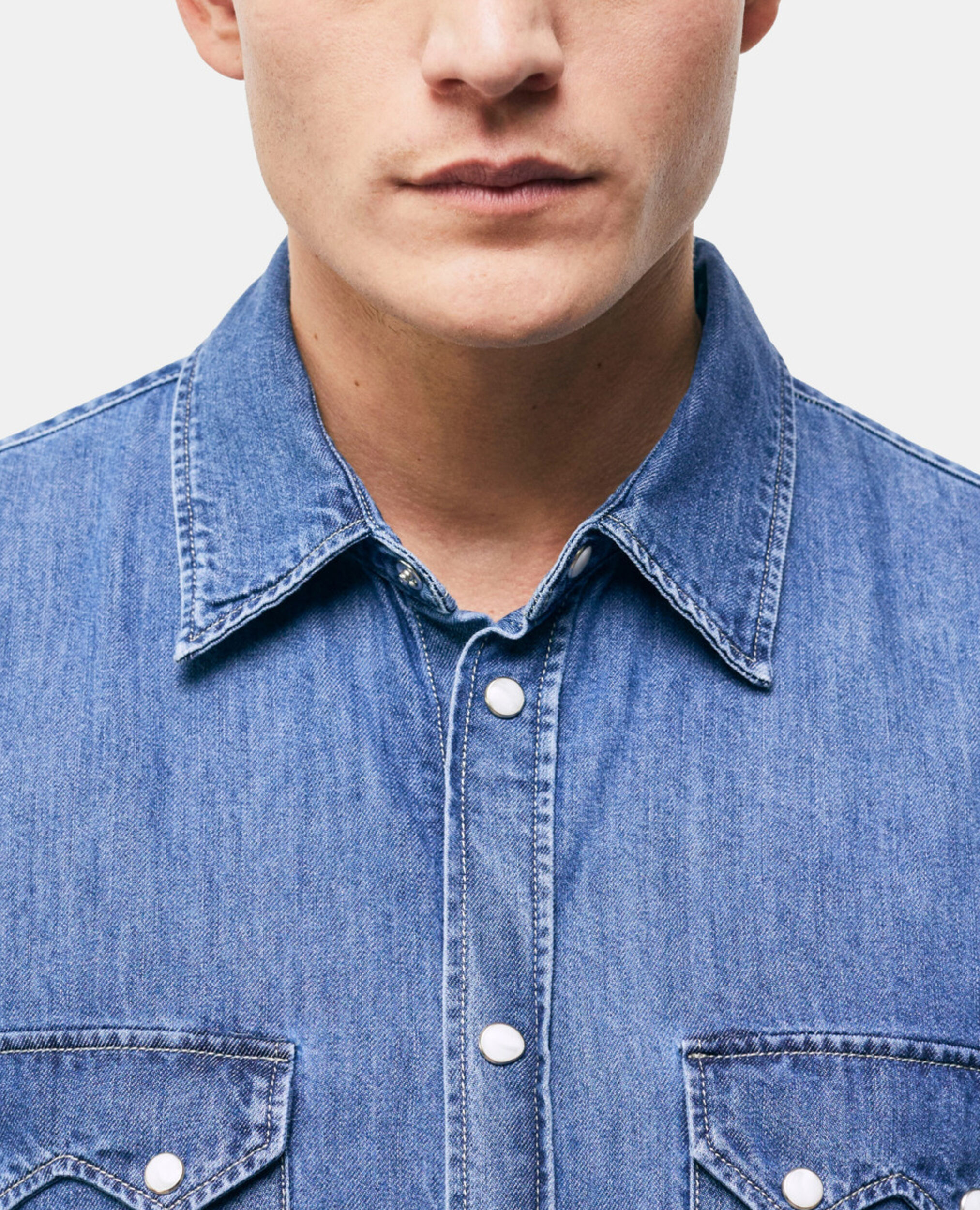 Blue classic collar denim shirt, BLUE DENIM, hi-res image number null