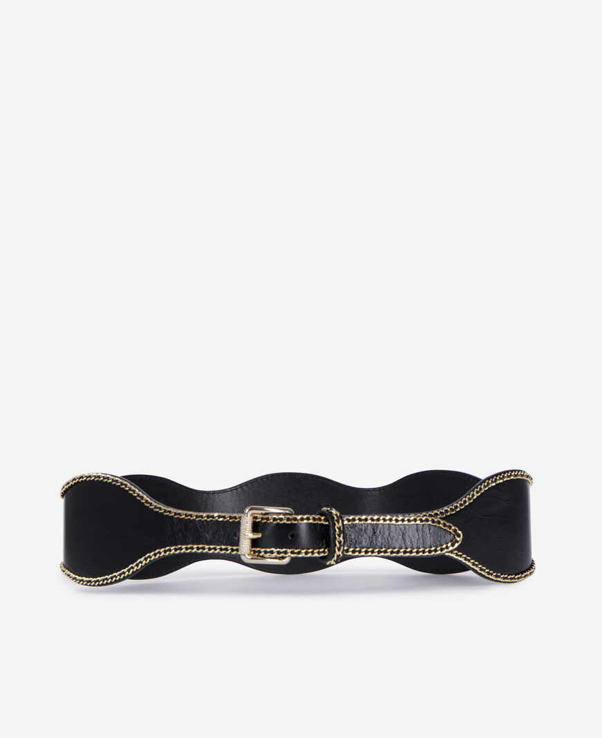 The Kooples DAMEN BLACK breiter, schwarzer ledergürtel mit kettchen