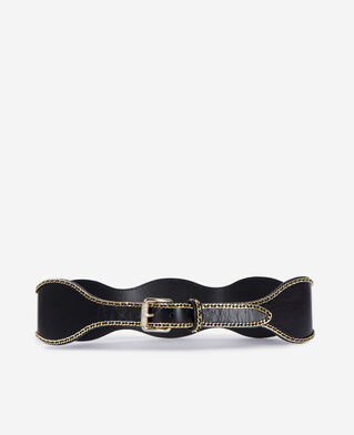 The Kooples DAMEN BLACK breiter, schwarzer ledergürtel mit kettchen